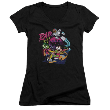 Black juniors v-neck t-shirt with Teen Titans Go! Teen Titans Go Rad graphic