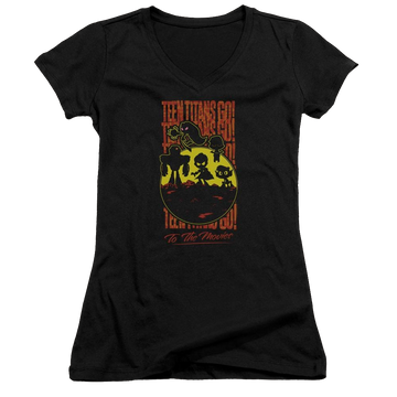 Black juniors v-neck t-shirt with Teen Titans Go! Teen Titans Go Titans Silhouette graphic