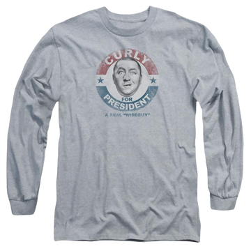 Athletic heather men's long sleeve t-shirt with The Three Stooges Curly For President graphic