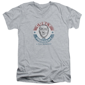 Athletic heather men's v-neck t-shirt with The Three Stooges Curly For President graphic