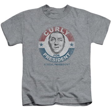 Athletic heather kid's t-shirt for ages 4 to 7 with The Three Stooges Curly For President graphic