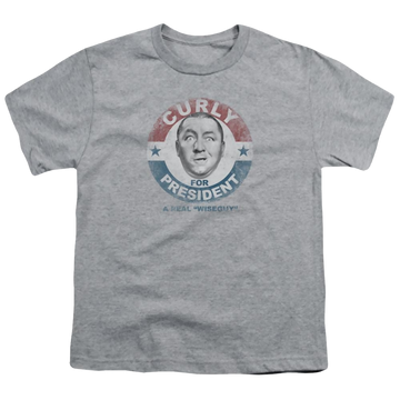 Athletic heather youth t-shirt for ages 8 to 12 with The Three Stooges Curly For President graphic