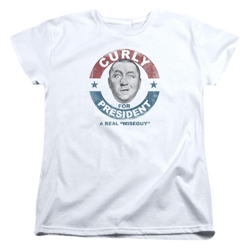 White women's t-shirt with The Three Stooges Curly For President graphic