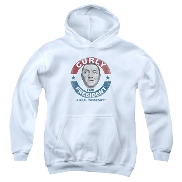 White youth hoodie for ages 8 to 12 with The Three Stooges Curly For President graphic