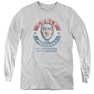 Athletic heather youth long sleeve t-shirt with The Three Stooges Curly For President graphic