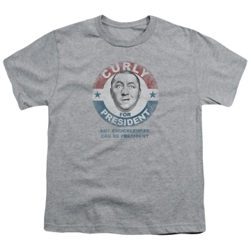 Athletic heather youth t-shirt for ages 8 to 12 with The Three Stooges Curly For President graphic