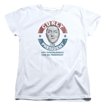 White women's t-shirt with The Three Stooges Curly For President graphic