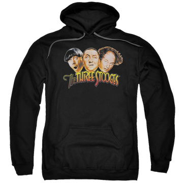 Black pullover hoodie with The Three Stooges Three Head Logo graphic