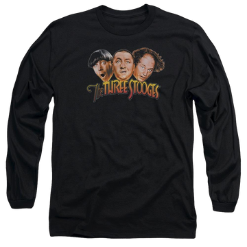 Black men's long sleeve t-shirt with The Three Stooges Three Head Logo graphic