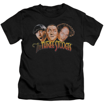 Black kid's t-shirt for ages 4 to 7 with The Three Stooges Three Head Logo graphic
