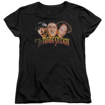 Black women's t-shirt with The Three Stooges Three Head Logo graphic