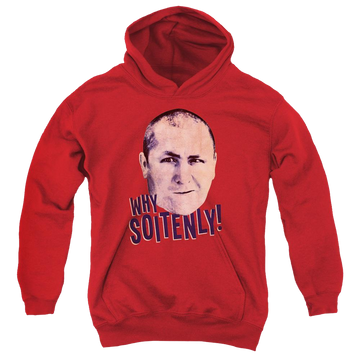 Red youth hoodie for ages 8 to 12 with The Three Stooges Why Soitenly graphic