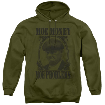 Military green pullover hoodie with The Three Stooges Moe Money graphic