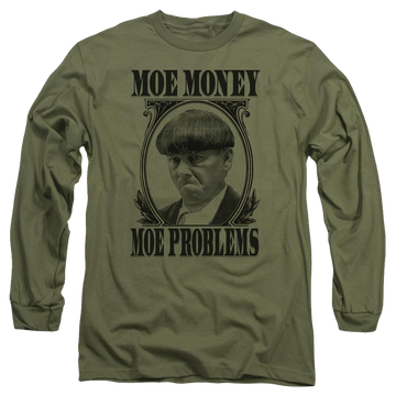 Military green men's long sleeve t-shirt with The Three Stooges Moe Money graphic
