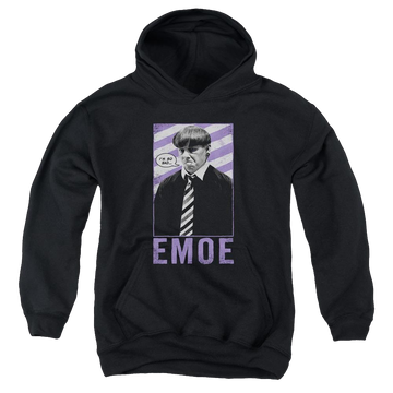 Black youth hoodie for ages 8 to 12 with The Three Stooges Emoe graphic