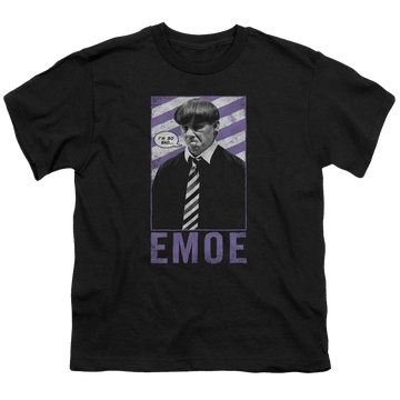 Black youth t-shirt for ages 8 to 12 with The Three Stooges Emoe graphic
