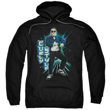 Black pullover hoodie with The Three Stooges Curly Style graphic