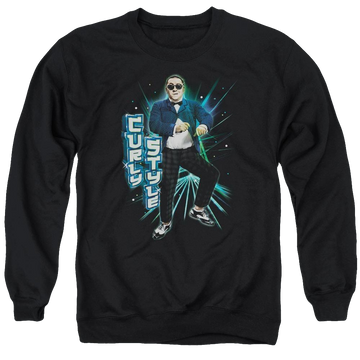 Black men's crewneck sweatshirt with The Three Stooges Curly Style graphic