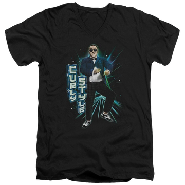 Black men's v-neck t-shirt with The Three Stooges Curly Style graphic
