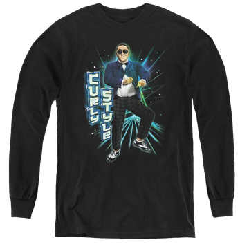 Black youth long sleeve t-shirt with The Three Stooges Curly Style graphic