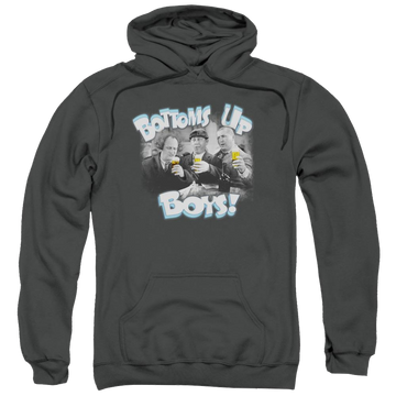 Charcoal pullover hoodie with The Three Stooges Bottoms Up graphic