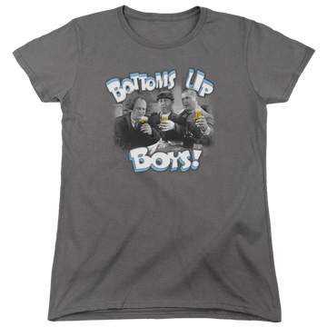 Charcoal women's t-shirt with The Three Stooges Bottoms Up graphic