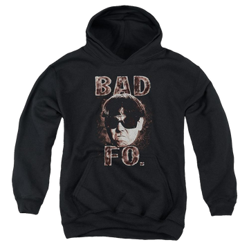 Black youth hoodie for ages 8 to 12 with The Three Stooges Bad Moe Fo graphic
