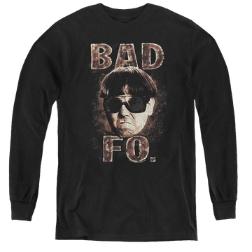 Black youth long sleeve t-shirt with The Three Stooges Bad Moe Fo graphic