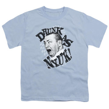 Light blue youth t-shirt for ages 8 to 12 with The Three Stooges Drunk graphic