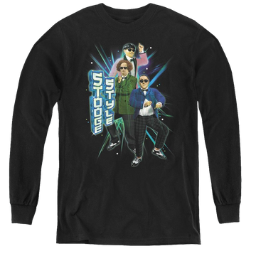 Black youth long sleeve t-shirt with The Three Stooges Stooge Style graphic