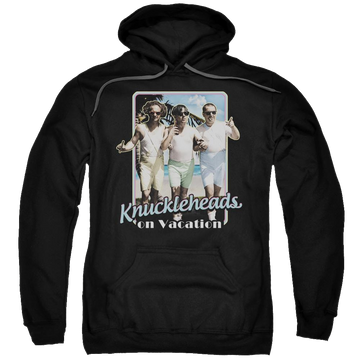 Black pullover hoodie with The Three Stooges Knucklesheads On Vacation graphic