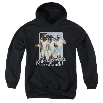 Black youth hoodie for ages 8 to 12 with The Three Stooges Knucklesheads On Vacation graphic