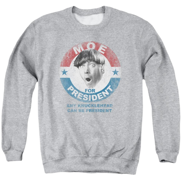 Athletic heather men's crewneck sweatshirt with The Three Stooges Moe For President graphic