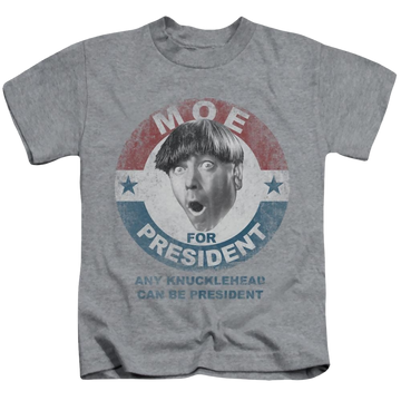 Athletic heather kid's t-shirt for ages 4 to 7 with The Three Stooges Moe For President graphic