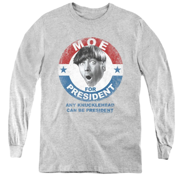 Athletic heather youth long sleeve t-shirt with The Three Stooges Moe For President graphic