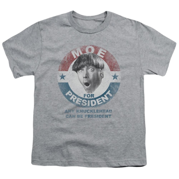 Athletic heather youth t-shirt for ages 8 to 12 with The Three Stooges Moe For President graphic