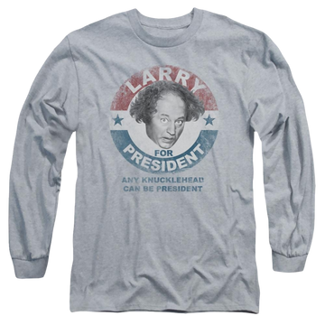 Athletic heather men's long sleeve t-shirt with The Three Stooges Larry For President graphic