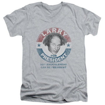 Athletic heather men's v-neck t-shirt with The Three Stooges Larry For President graphic