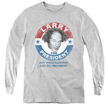 Athletic heather youth long sleeve t-shirt with The Three Stooges Larry For President graphic
