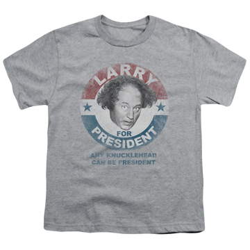 Athletic heather youth t-shirt for ages 8 to 12 with The Three Stooges Larry For President graphic