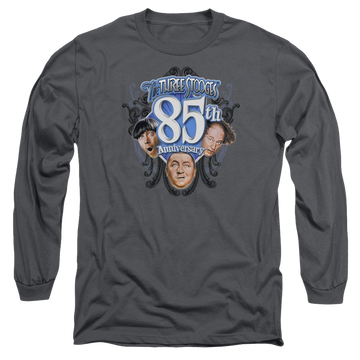 Charcoal men's long sleeve t-shirt with The Three Stooges 85th Anniversary 2 graphic