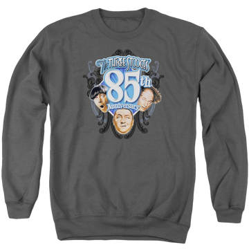 Charcoal men's crewneck sweatshirt with The Three Stooges 85th Anniversary 2 graphic