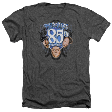 Charcoal men's heather t-shirt with The Three Stooges 85th Anniversary 2 graphic