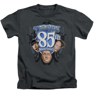 Charcoal kid's t-shirt for ages 4 to 7 with The Three Stooges 85th Anniversary 2 graphic