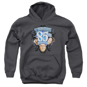 Charcoal youth hoodie for ages 8 to 12 with The Three Stooges 85th Anniversary 2 graphic