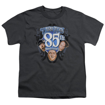 Charcoal youth t-shirt for ages 8 to 12 with The Three Stooges 85th Anniversary 2 graphic