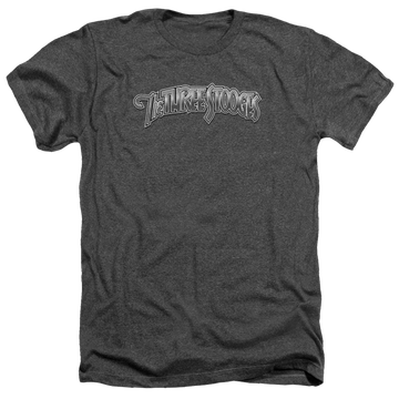 Charcoal men's heather t-shirt with The Three Stooges Metallic Logo graphic