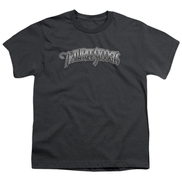 Charcoal youth t-shirt for ages 8 to 12 with The Three Stooges Metallic Logo graphic