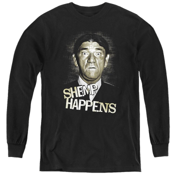 Black youth long sleeve t-shirt with The Three Stooges Shemp Happens graphic