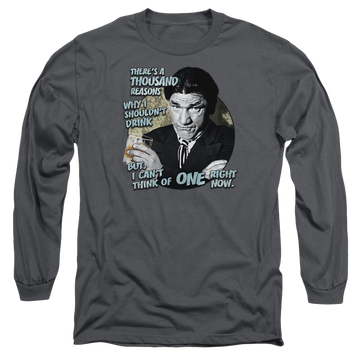 Charcoal men's long sleeve t-shirt with The Three Stooges Drink graphic